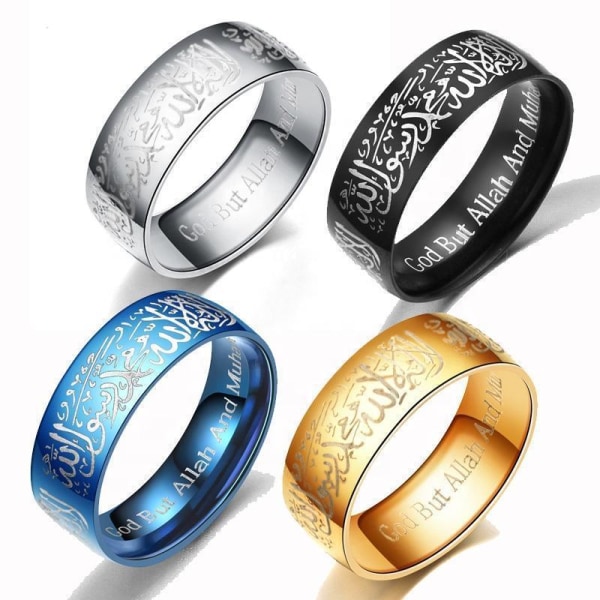 Islamisk ring i stål med kalima muslim sort, sølv, guld, blå Gold one size
