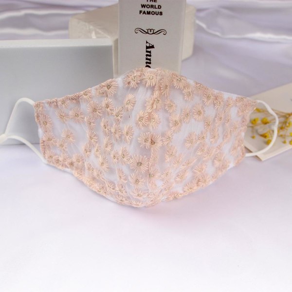 Vaskbar maske Broderte blomster i bomull og munnbeskyttelse i netting Pink one size