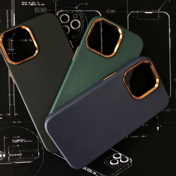 iPhone 13 Pro klassisk etui i vegansk læder guldramme & guldknapper Green one size