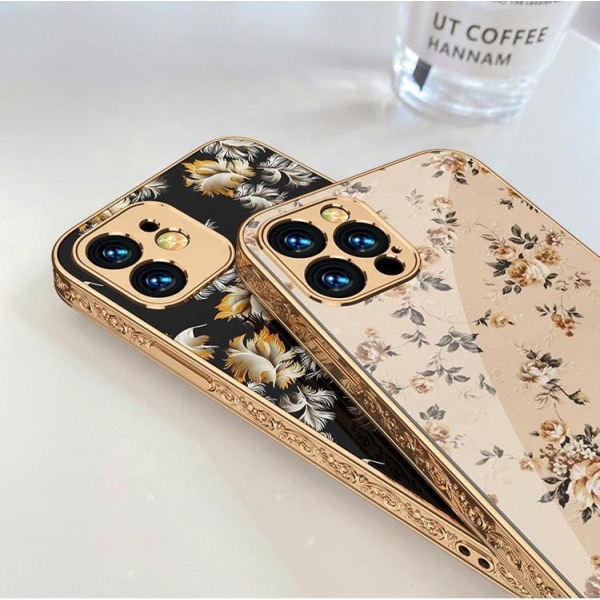 iPhone 12 Pro luksus glas case mønster guld barok fjer blomst Blue one size