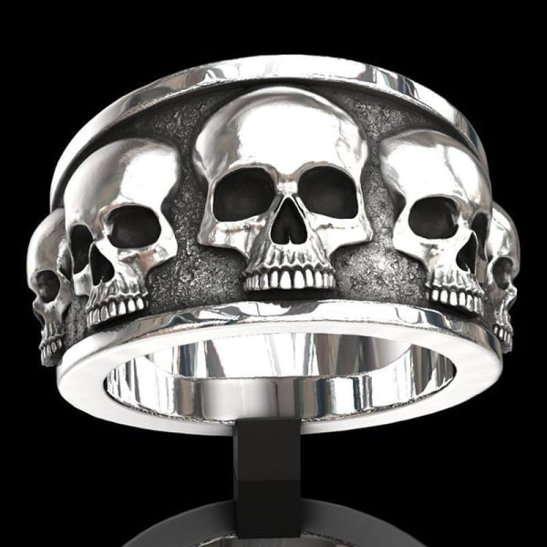 Stor ring med kraniet skelet sort hvid rock punk Silver one size