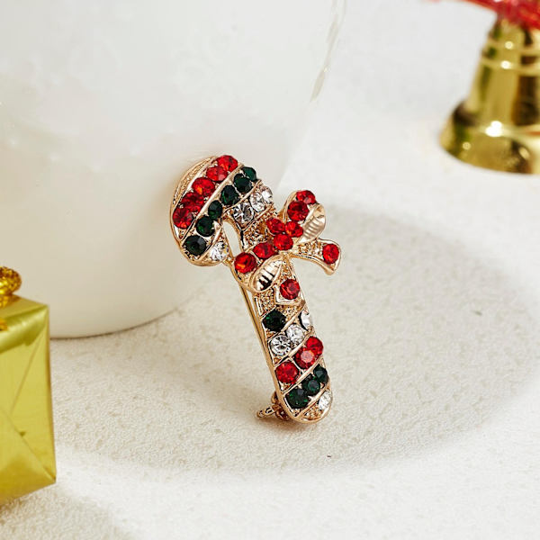 Brooch with a candy cane in rhinestones with bow Red
