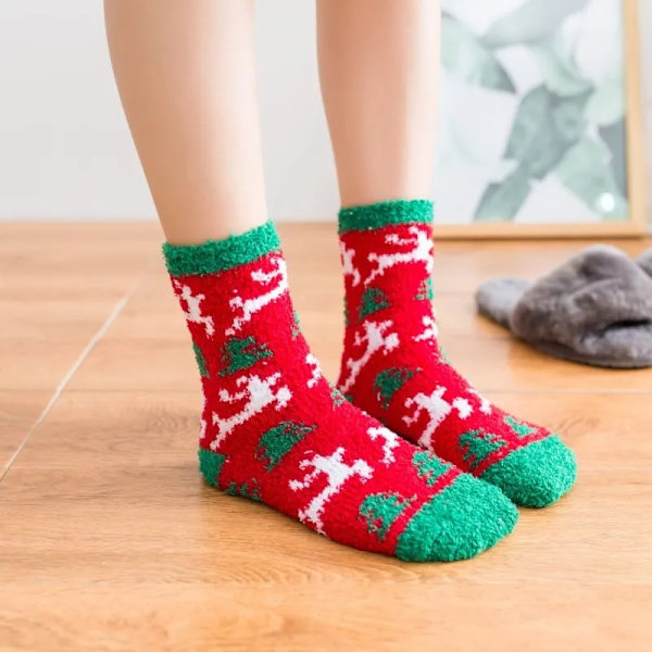 Elastiske sokker i fleece med julemotiv varme unisex Red one size