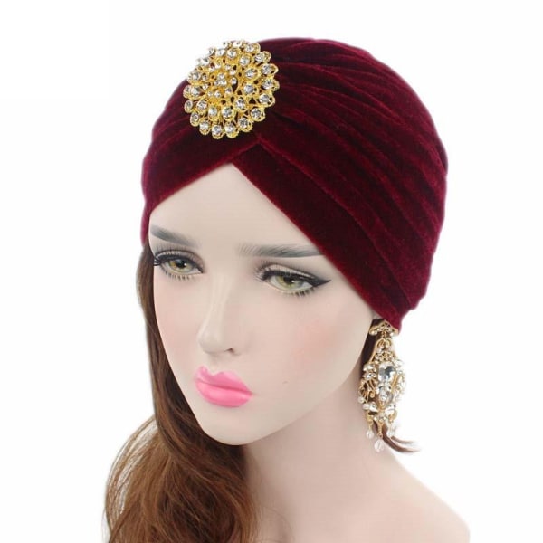 Luksuriøs turban i fløjl og store broche-diamanter rhinstens hat Red one size