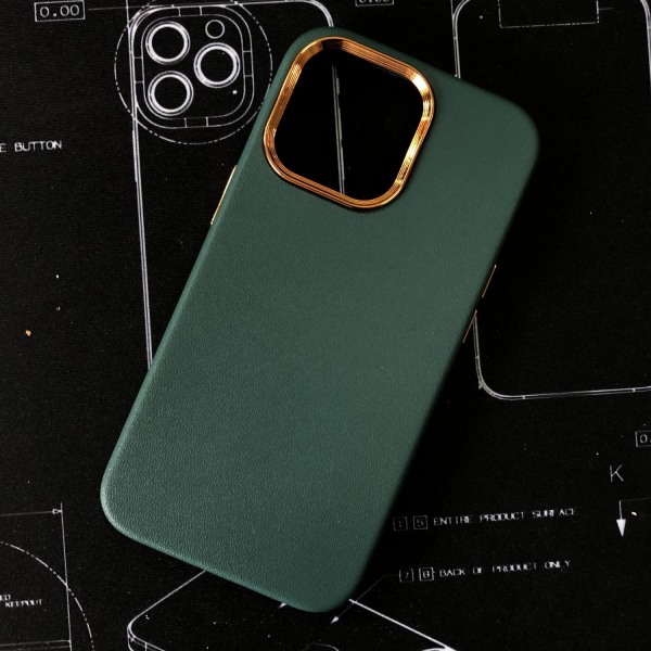 iPhone 13 Pro klassiskt skal i veganskt läder guldram & guldknappar Green one size