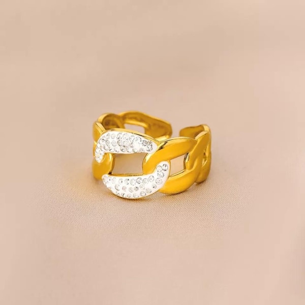 Stor ring med rhinsten og kæde luksus hip hop stil rustfrit stål Gold one size