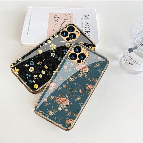 iPhone 12 Pro luksus glas case mønster guld barok fjer blomst Blue one size