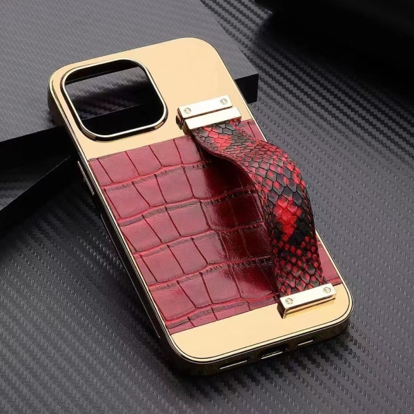 iPhone 13 Pro Max skal veganskt läder med band för bra grepp guld Red one size