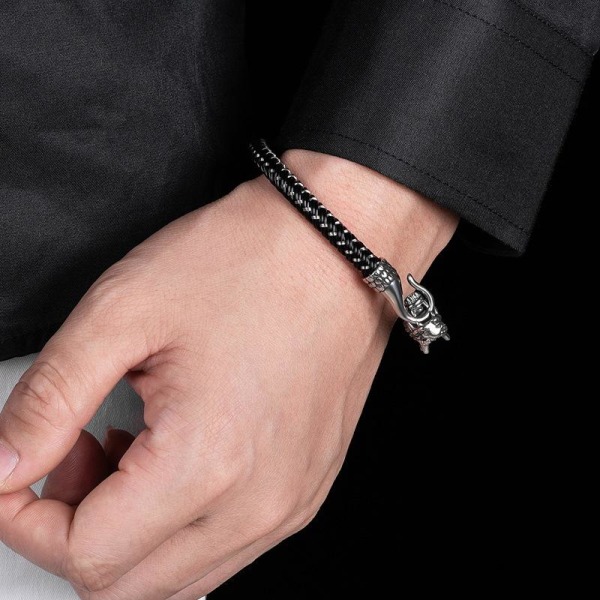 Håndlavet armbånd med i sølv ægte læder i sort Black one size 1137 | Black | & Dyremønstre | Fyndiq