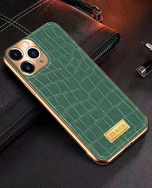 iPhone 12 Case genuine leather crocodile pattern gold plated high luxury Red one size