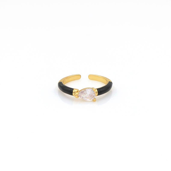 Kivellä säädettävä musta/valkoinen sormus ja emaloitu väri kullalla Black Black with drop shaped stone