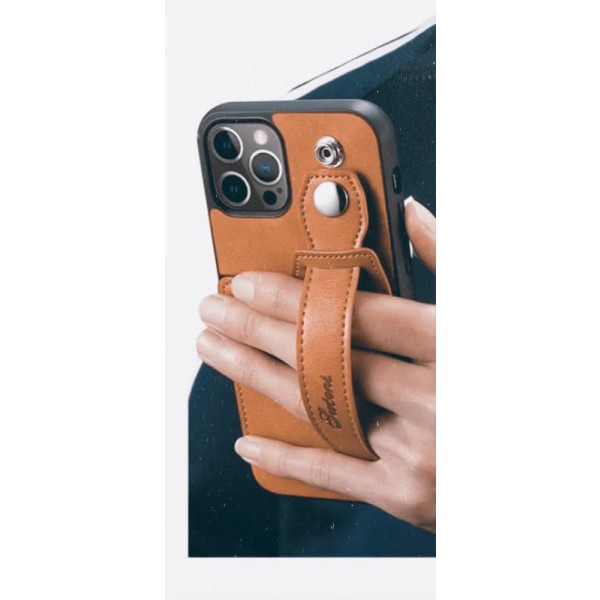 Läder plånboksskal ‘iPhone 14‘ med rem för bra grepp Brun