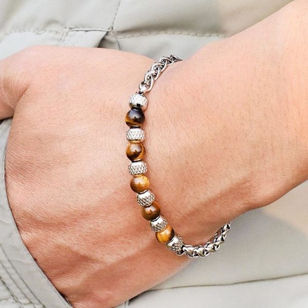 Justerbart armband med ''Tiger eye'' pärlor för män Grey one size