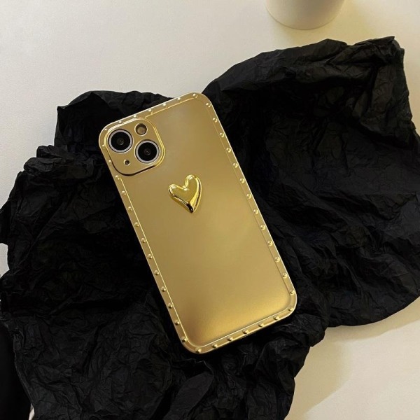 iPhone 13 galvaniserat skal i matt metall med 3d hjärta Gold one size