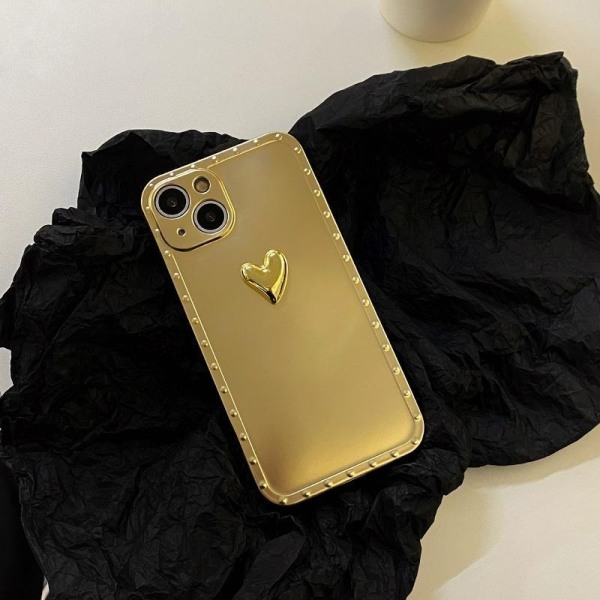 iPhone 13 galvaniseret etui i mat metal med 3d hjerte Gold one size