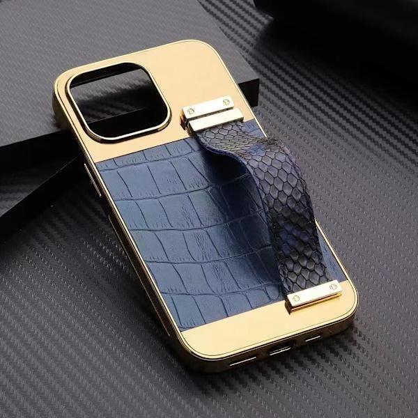 iPhone 13 cover vegansk læder med rem for godt greb guld Green one size