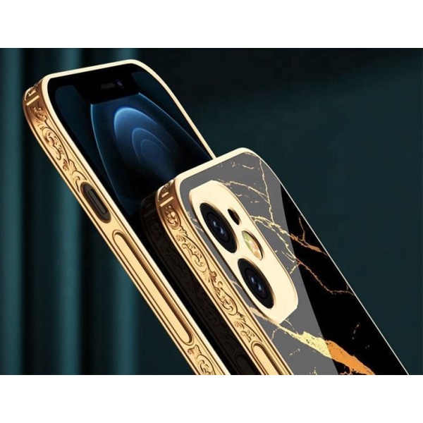 iPhone 12 Pro luksus glas etui guld marmor mønster sort hvid White one size