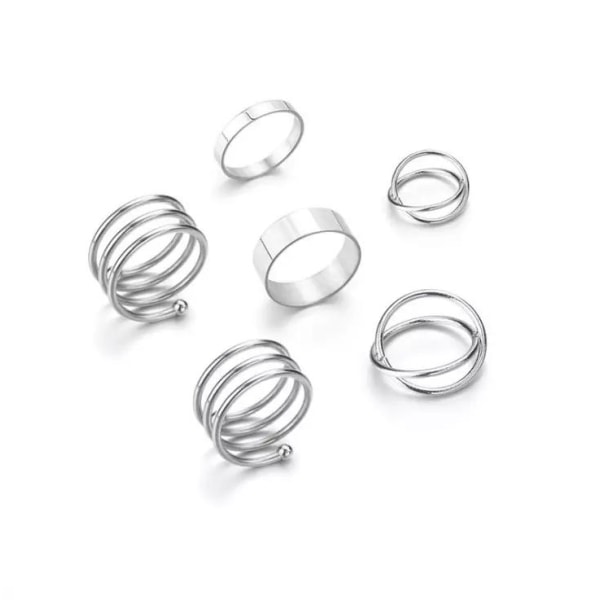 Minimalistisk sæt med 6 ringe i rustfrit stål Silver one size