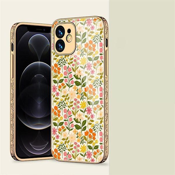 iPhone 12 Pro luksus glas case mønster guld barok fjer blomst Blue one size