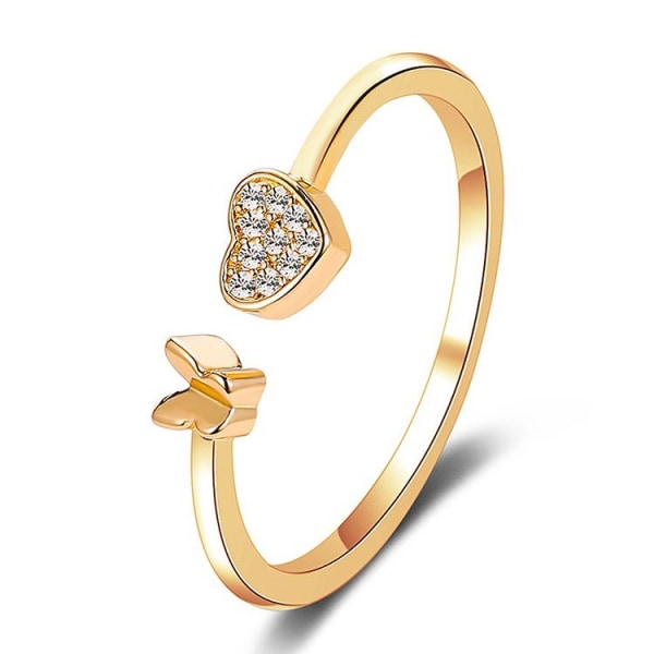 Forgyldt ring med hjerte og sommerfugl justerbar passer til alle Gold one size