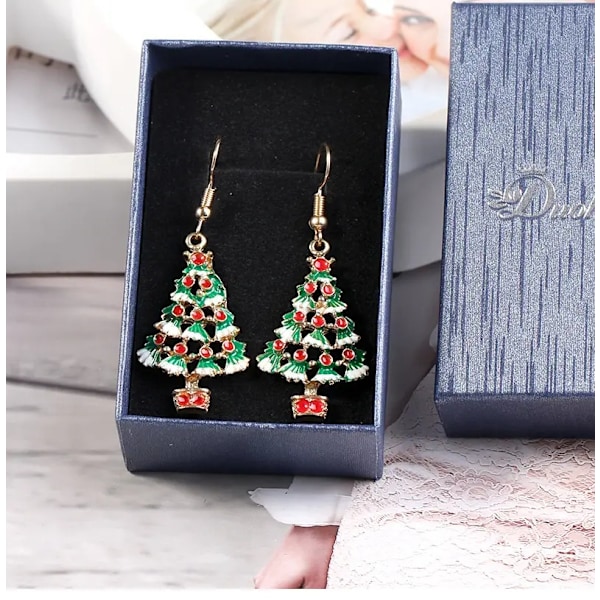 Festive earrings with Christmas tree and red balls with snow Gold one size