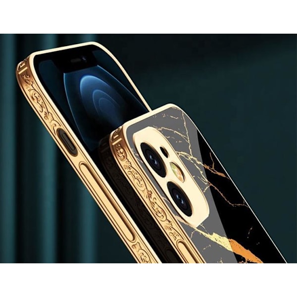 iPhone 12 Pro Max lyxigt glas-skal guld marmormönster svart vit Black one size