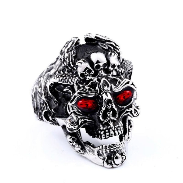 Stort ring kranie skelet med røde øjne rock punk Silver one size