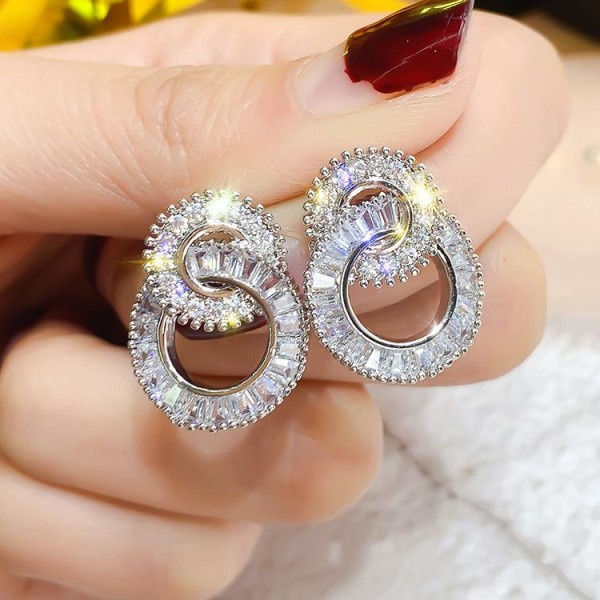 Vakre øredobber i sterling sølv doble ringer zirkon Silver one size