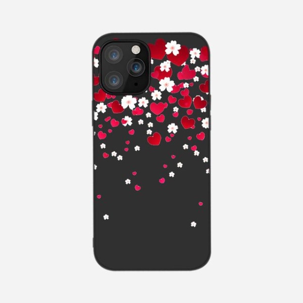 iPhone 13, Pro & Max svart skal romantiska blommor & hjärtan MultiColor one size