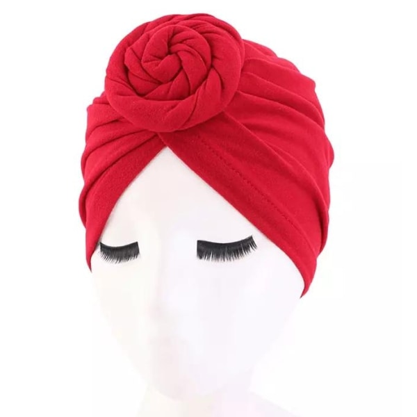 Stilig turban med bolle foran i flere farger bomull Red one size