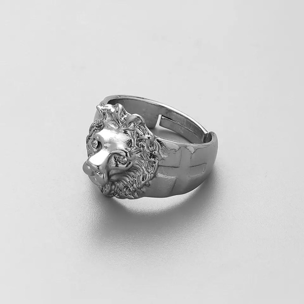 Justerbar ring med lejonhuvud för män i guld och silver Silver Silver