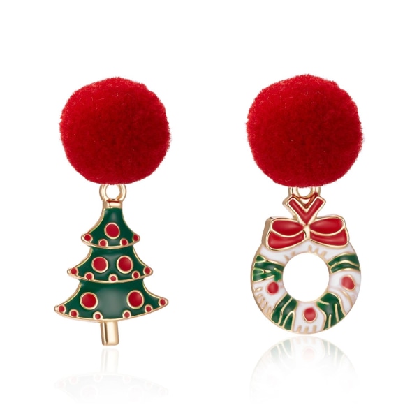 Asymmetriske øreringe med pom pom juletræ julekrans Red one size