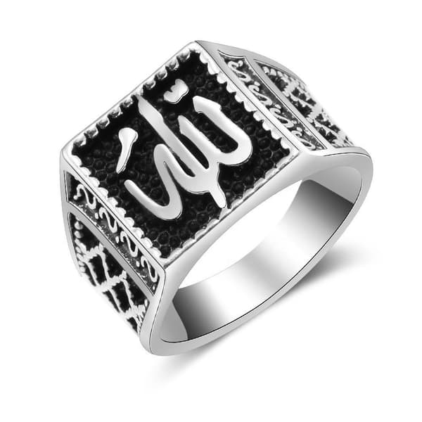 Islamisk ring til mænd med Allah sølv sort etnisk stil Silver US size 10: 20,3 mm i diameter