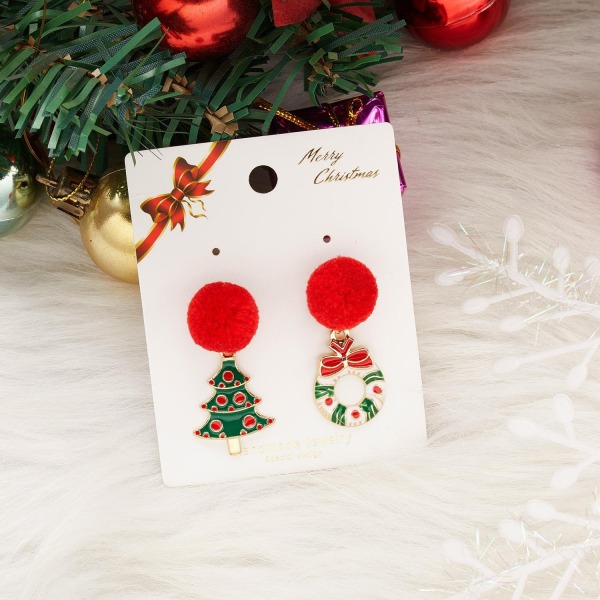 Asymmetriska örhängen med pom pom julgran julkrans Röd one size