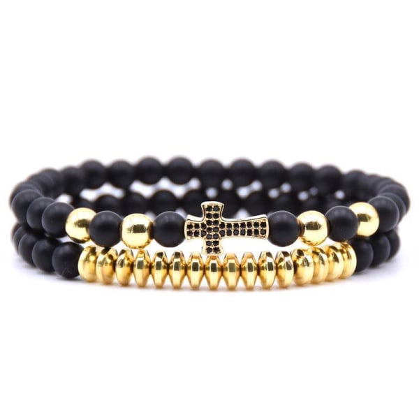 Kaksoisrannekoru, kivi ja kulta / hopea pallot ja kultaristi unisex Black one size
