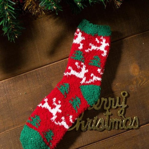 Elastiske sokker i fleece med julemotiv varme unisex Red one size