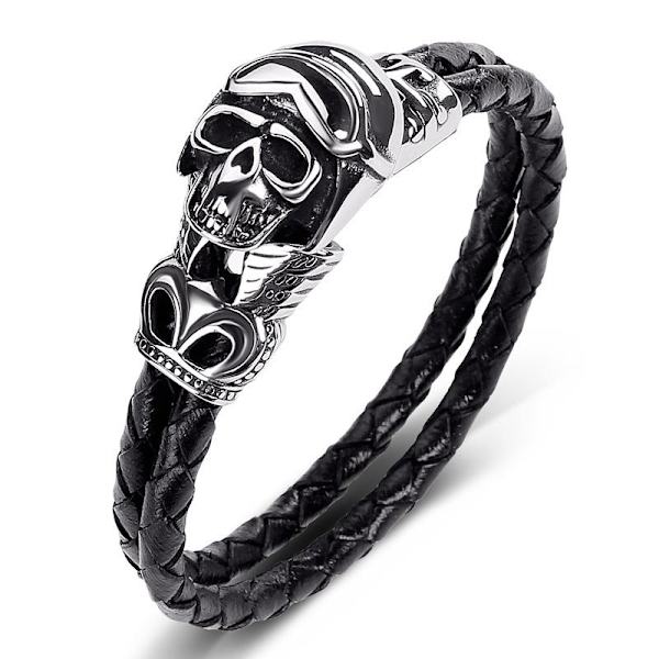 Handgjort flätat armband äkta läder med döskalle motorcykelhjälm Svart one size