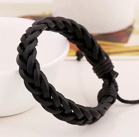 Ægte læder justerbart sort armbånd til mænd - flettet Black one size