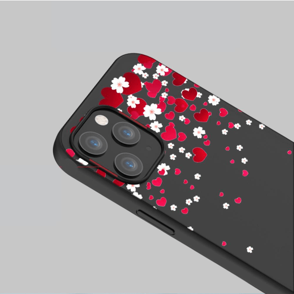 iPhone 13, Pro og Max romantiske blomster og hjerter med svart s MultiColor one size