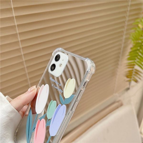iPhone 13, Pro & Max spejlglas med smukke blomster tulipaner Silver one size