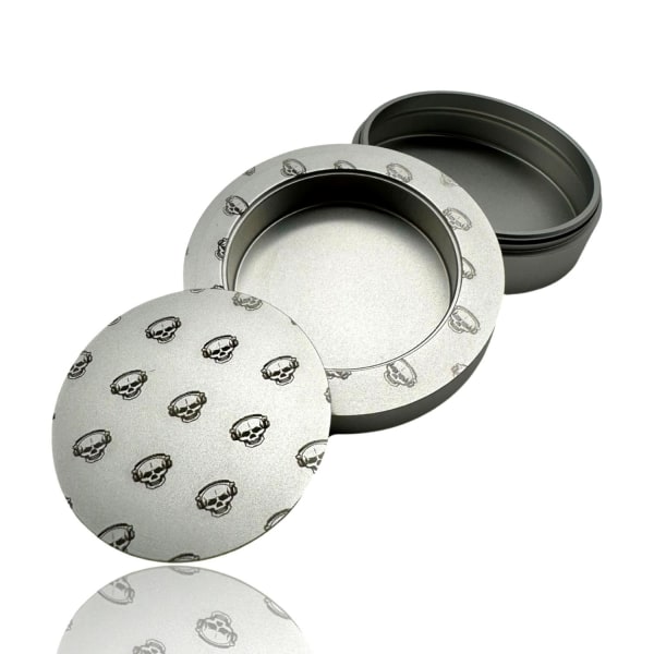 Sølv snusdåse i aluminium med kranier og høretelefoner gave snus Silver