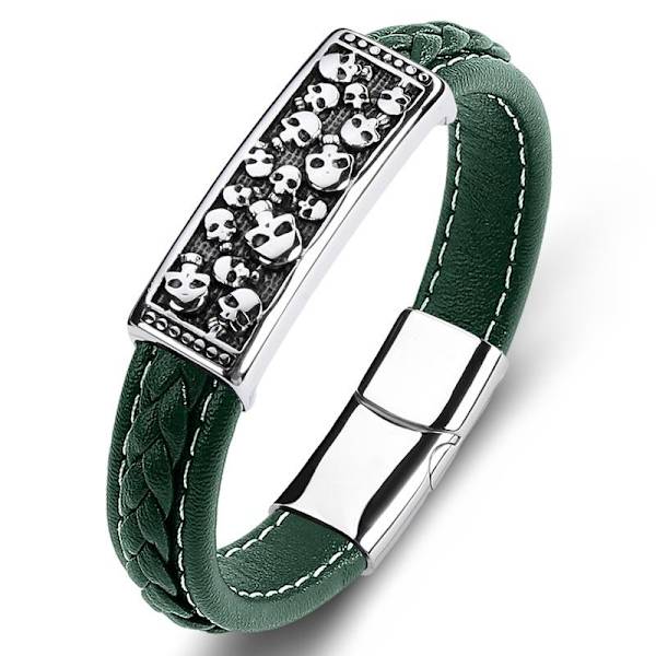 Handgjort flätat armband äkta läder platta m många små döskallar Green one size