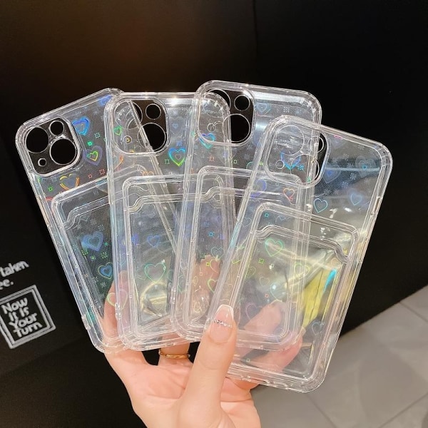iPhone 13, Pro &amp; Max holografiskt skal med plånbok för kort Transparent one size