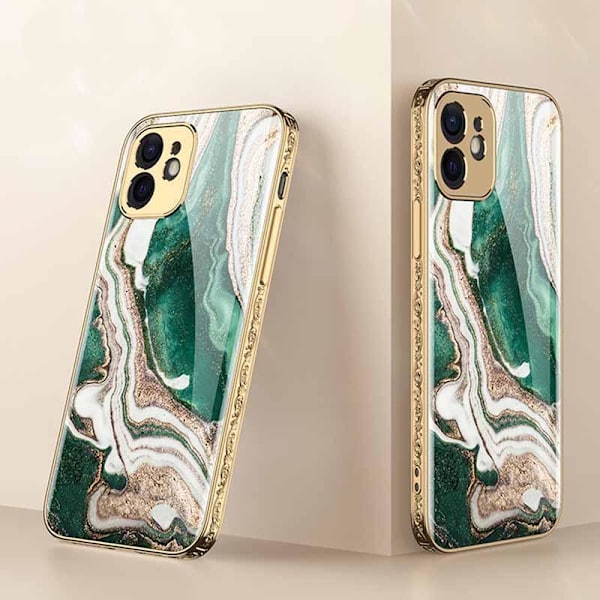 iPhone 12 Pro Luksus glas etui guldbarok elegant flere farver Green one size