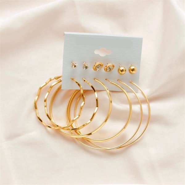 Øreringe sæt med 6 forgyldte ringe bøjler diamanter klassiske Gold one size
