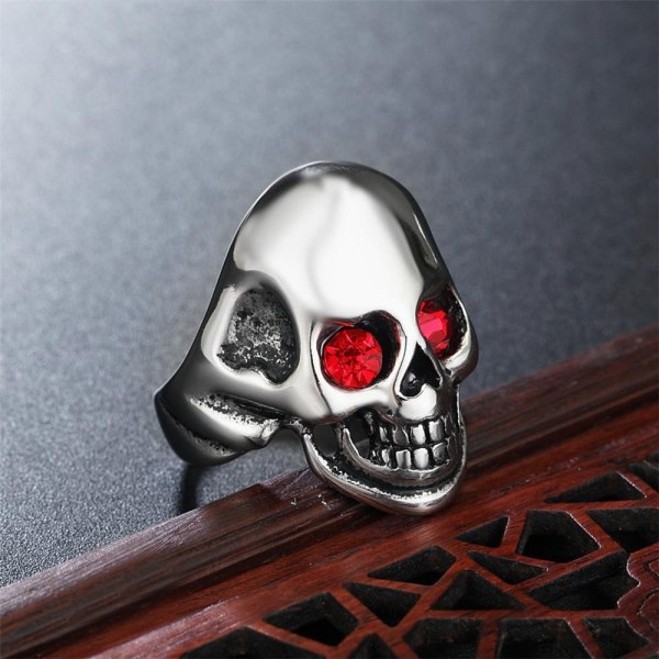 Ring with skeleton skull punk rock skull red eyes stones Silver one size
