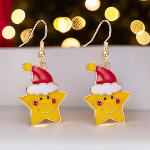 Stylish earrings star with red Santa hat Christmas Advent Yellow one size