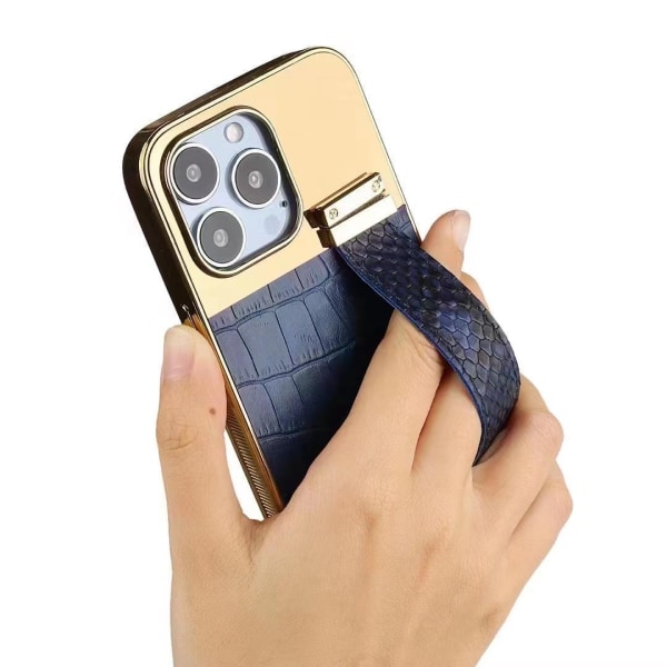 iPhone 13 Pro cover vegansk læder med rem for godt greb guld Blue one size