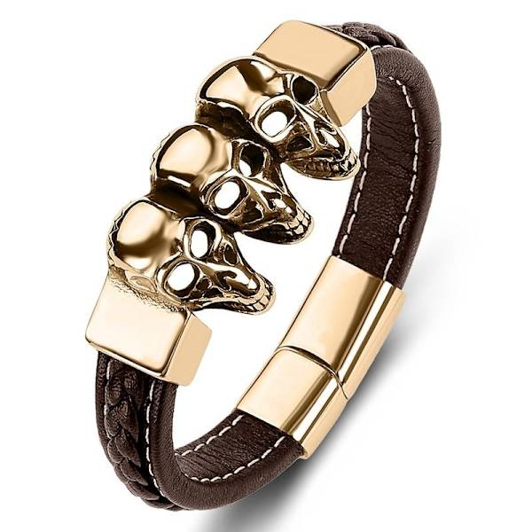 Handmade bracelet in genuine leather with 3 skulls in a row black brown Brown one size
