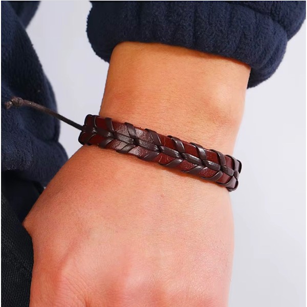 Håndlaget flettet armbånd for menn ekte skinn i stil brun rød Red one size